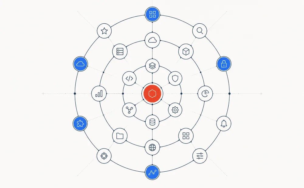 Four concentric layers of a connected technology ecosystem radiating from a central core.