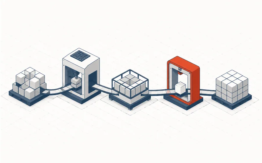 An abstract production flow from raw material through machining, work in progress and inspection to finished goods.